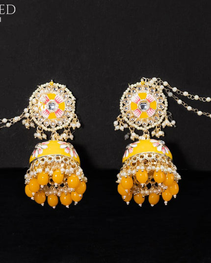 Light weight minakari yellow jhumkas with pearl maatal - {{ collection.title }} by Prashanti Sarees