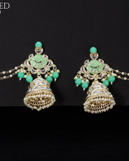 Light weight mint green jhumkas with kundan stones and pearl maatal - {{ collection.title }} by Prashanti Sarees
