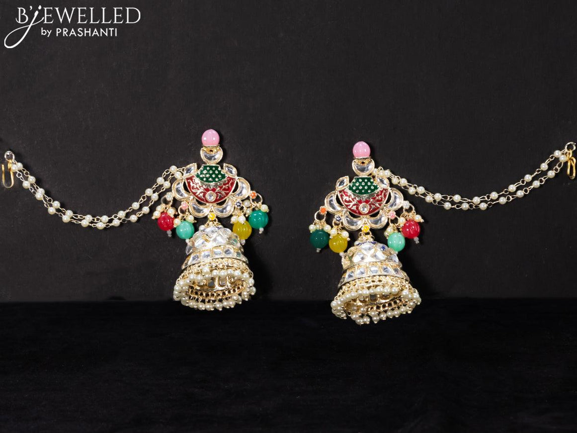 Light weight multicolour jhumkas with kundan stones and pearl maatal - {{ collection.title }} by Prashanti Sarees