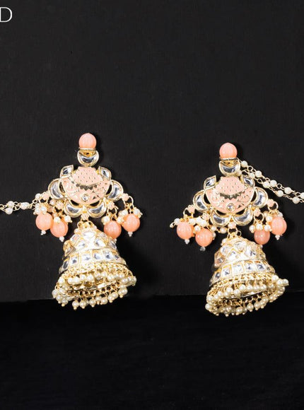 Light weight peach jhumkas with kundan stones and pearl maatal - {{ collection.title }} by Prashanti Sarees