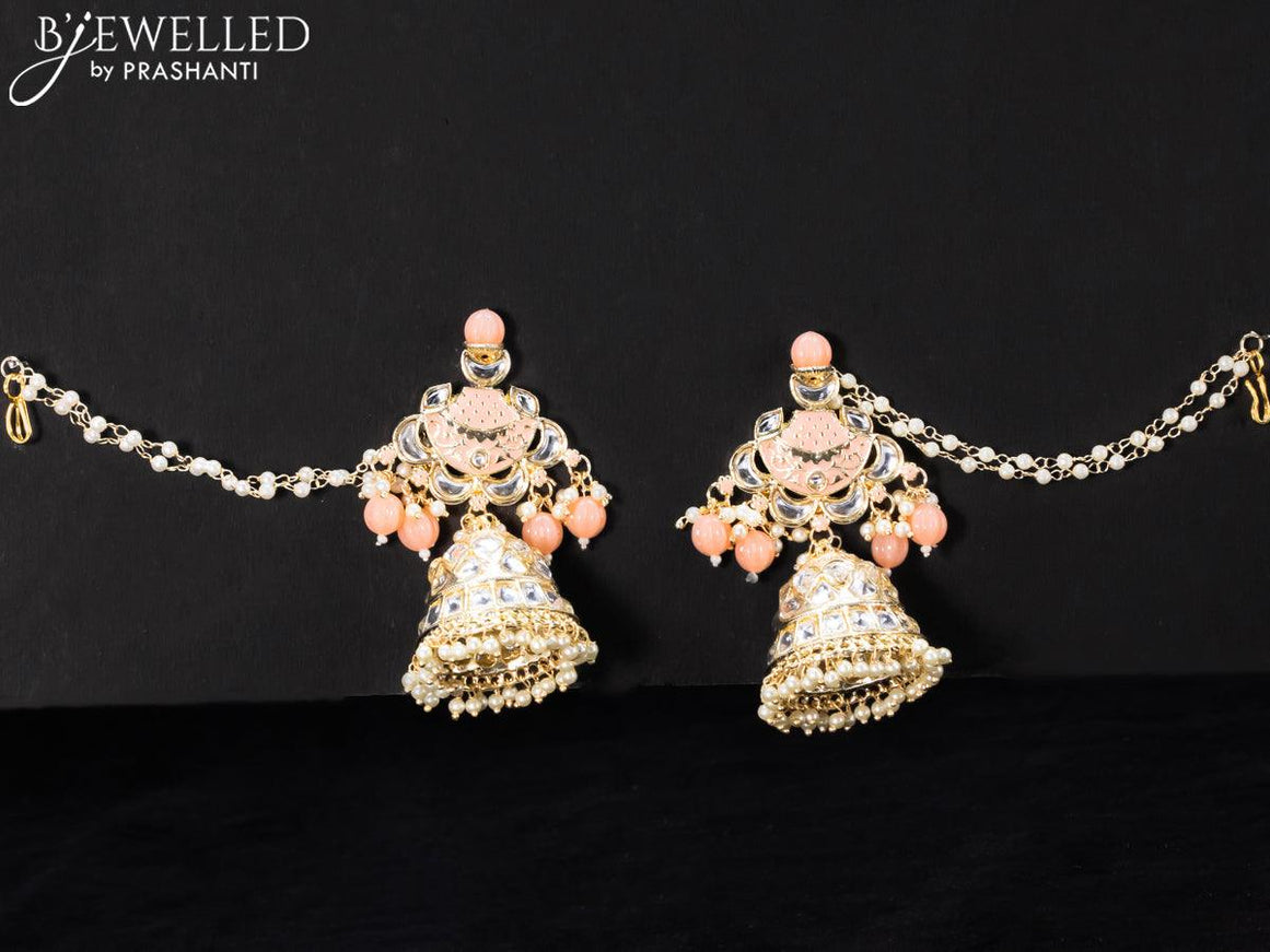 Light weight peach jhumkas with kundan stones and pearl maatal - {{ collection.title }} by Prashanti Sarees