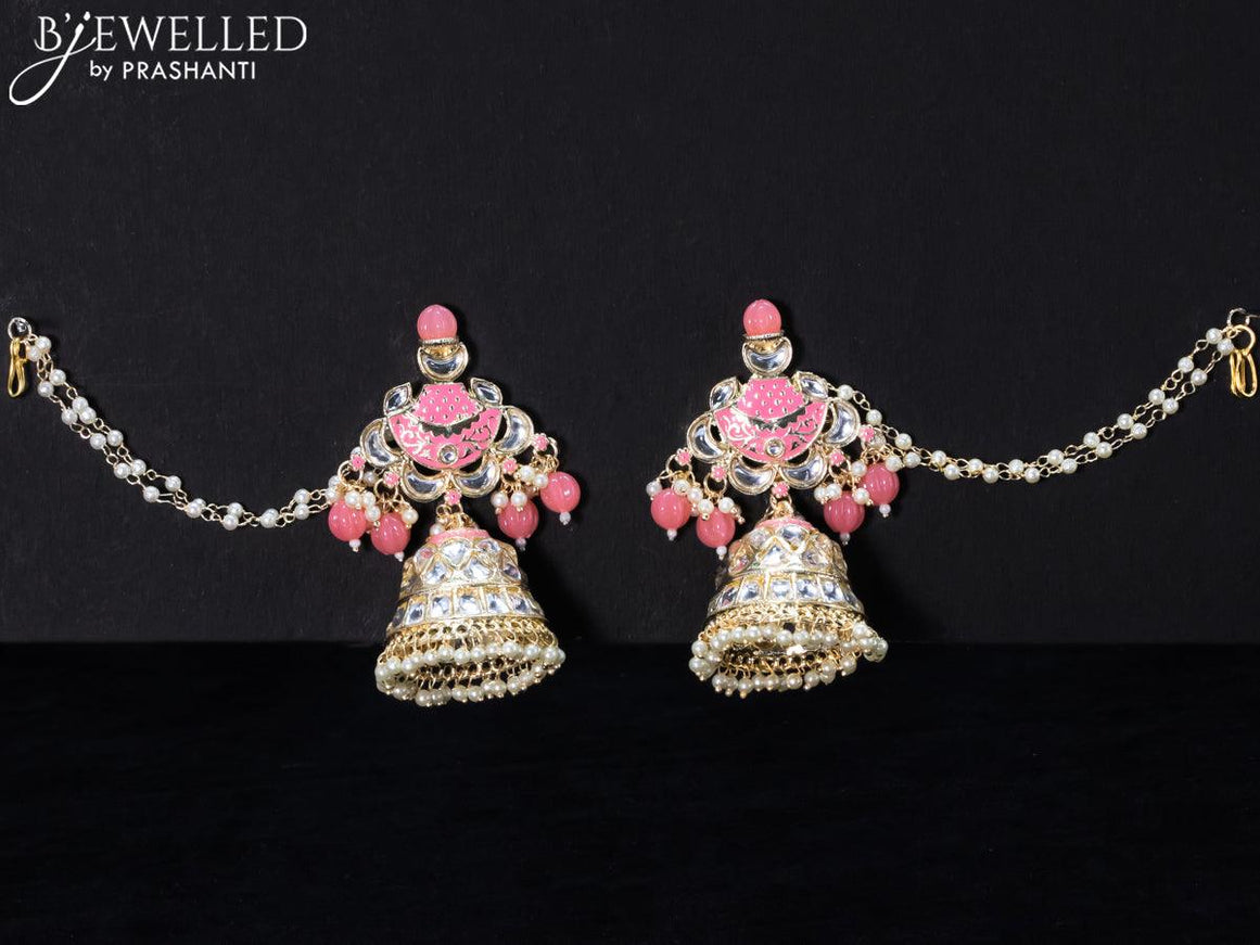 Light weight peach pink jhumkas with kundan stones and pearl maatal - {{ collection.title }} by Prashanti Sarees
