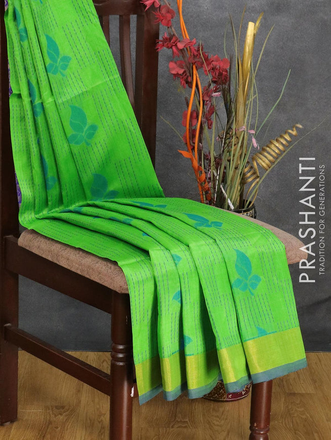 Light weight silk cotton saree green and blue with allover thread weaves & buttas and zari woven border - {{ collection.title }} by Prashanti Sarees