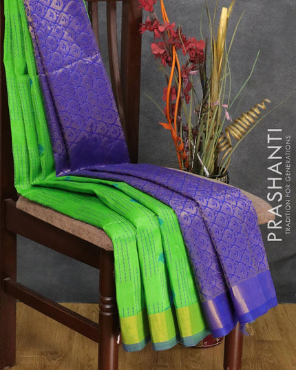 Light weight silk cotton saree green and blue with allover thread weaves & buttas and zari woven border - {{ collection.title }} by Prashanti Sarees