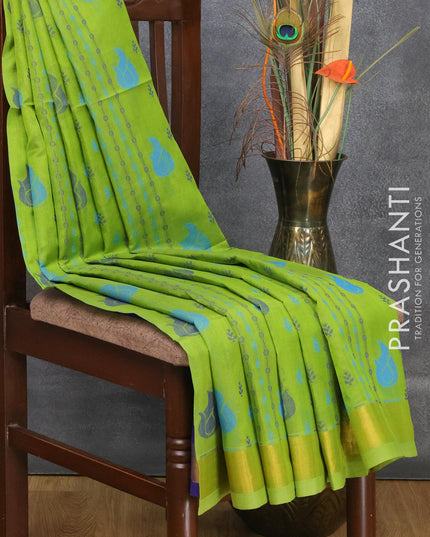 Light weight silk cotton saree light green and blue with allover thread weaves & buttas and zari woven border - {{ collection.title }} by Prashanti Sarees
