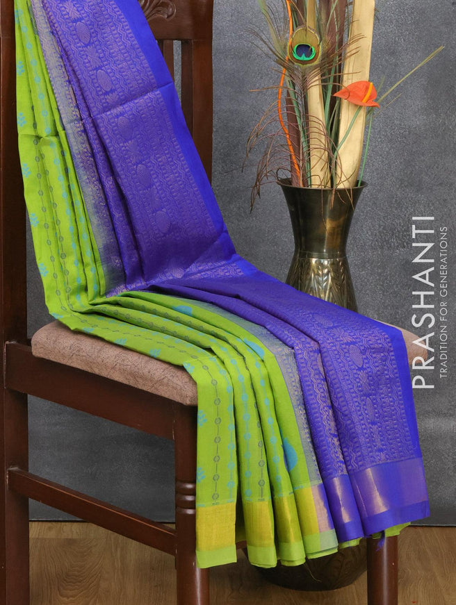 Light weight silk cotton saree light green and blue with allover thread weaves & buttas and zari woven border - {{ collection.title }} by Prashanti Sarees