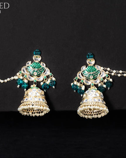 Light weight teal green jhumkas with kundan stones and pearl maatal - {{ collection.title }} by Prashanti Sarees