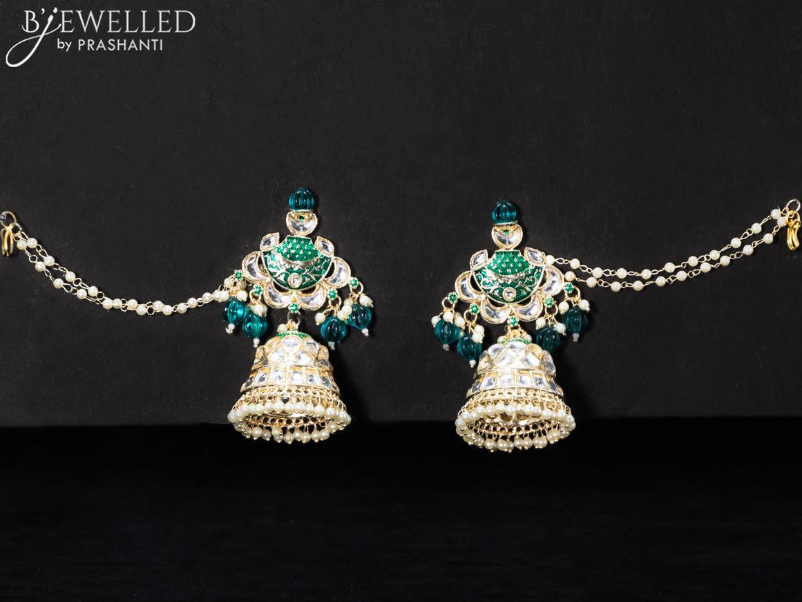 Light weight teal green jhumkas with kundan stones and pearl maatal - {{ collection.title }} by Prashanti Sarees