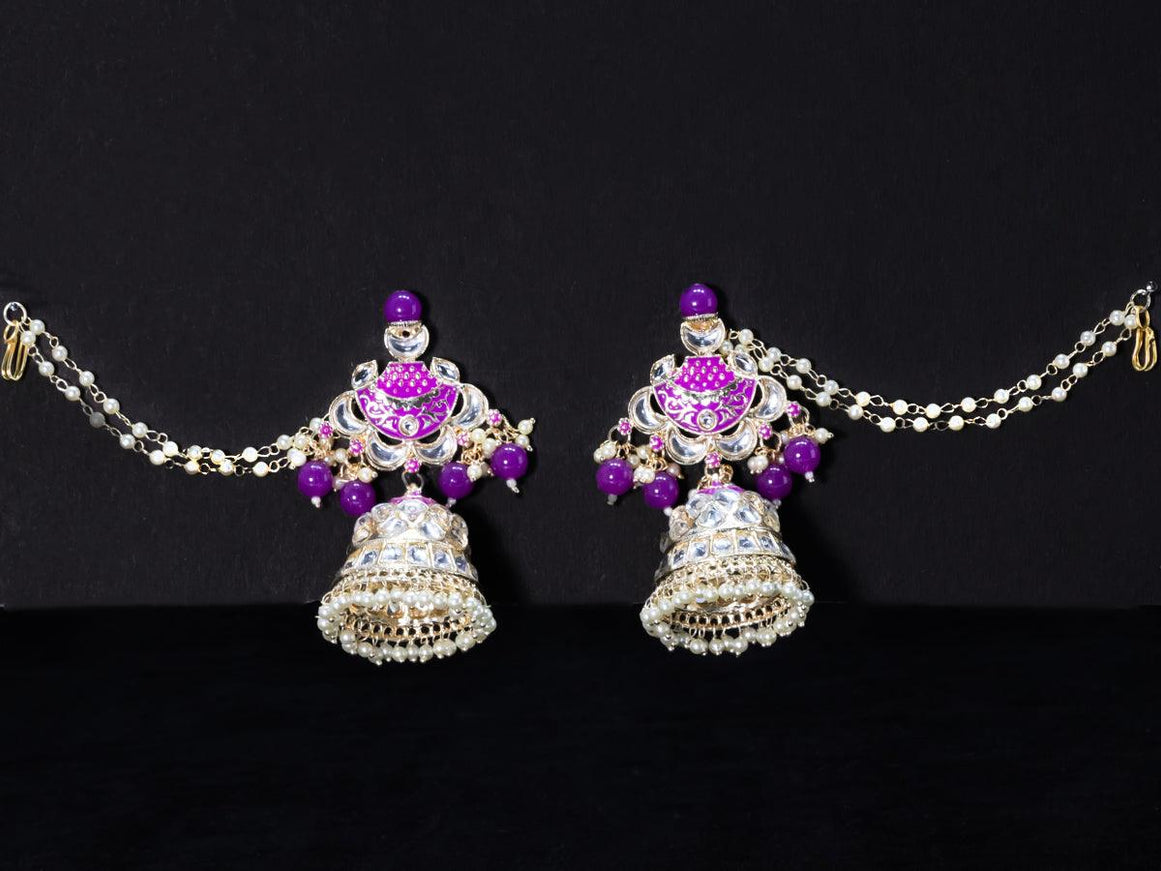 Light weight violet jhumkas with kundan stones and pearl maatal - {{ collection.title }} by Prashanti Sarees