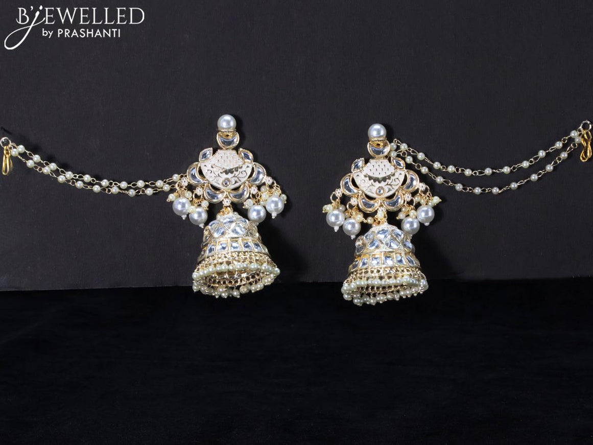 Light weight white jhumkas with kundan stones and pearl maatal - {{ collection.title }} by Prashanti Sarees