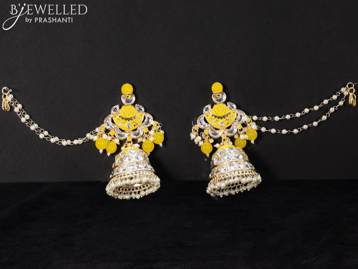 Light weight yellow jhumkas with kundan stones and pearl maatal - {{ collection.title }} by Prashanti Sarees