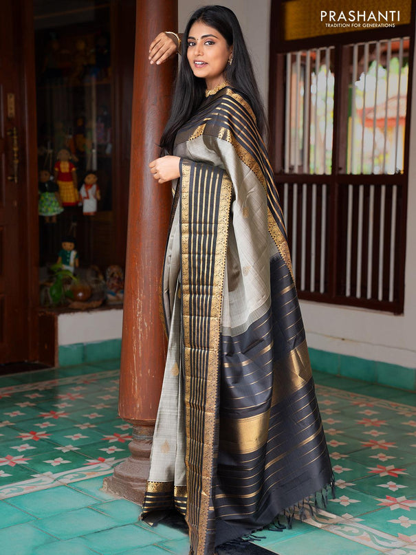 Ma - Pure kanjivaram silk saree grey and black with zari woven buttas and rich paisley & annam zari woven border - Pre OrderU - {{ collection.title }} by Prashanti Sarees