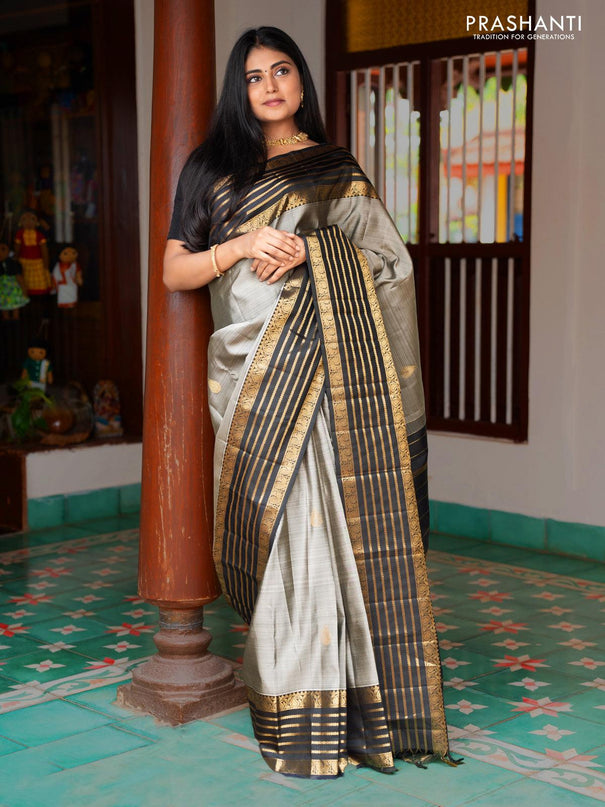 Ma - Pure kanjivaram silk saree grey and black with zari woven buttas and rich paisley & annam zari woven border - Pre OrderU - {{ collection.title }} by Prashanti Sarees