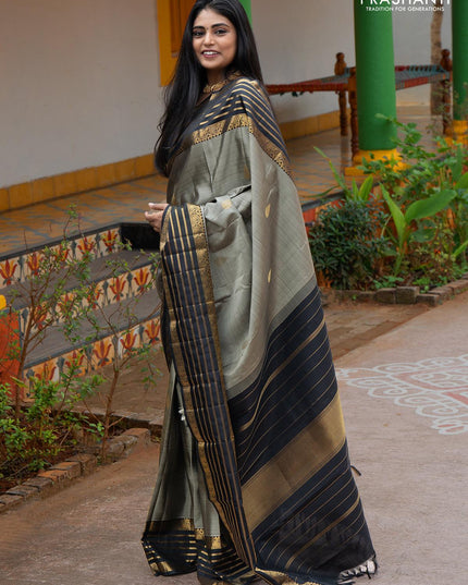 Ma - Pure kanjivaram silk saree grey and black with zari woven buttas and rich paisley & annam zari woven border - Pre OrderU - {{ collection.title }} by Prashanti Sarees