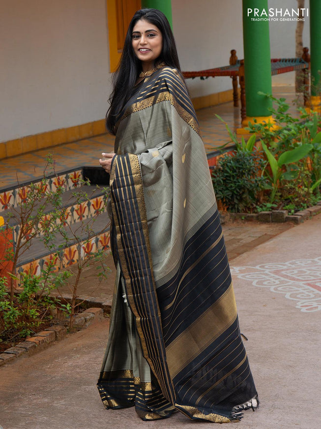 Ma - Pure kanjivaram silk saree grey and black with zari woven buttas and rich paisley & annam zari woven border - Pre OrderU - {{ collection.title }} by Prashanti Sarees