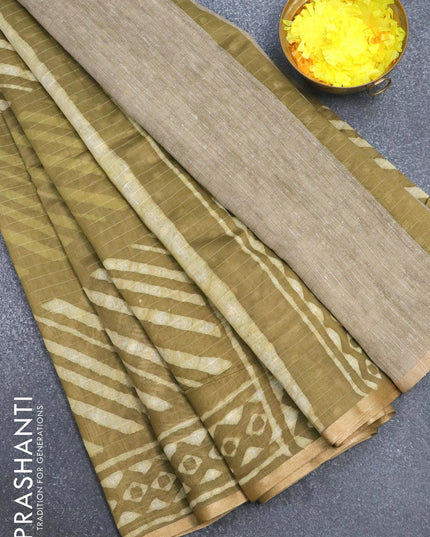 Maheshwari silk cotton saree mehendi green shade with allover stripes pattern and zari woven piping border - {{ collection.title }} by Prashanti Sarees