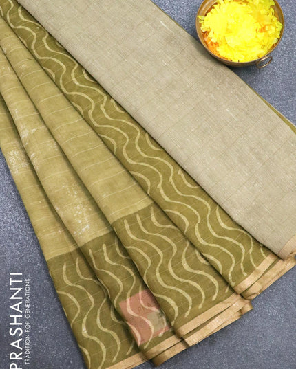 Maheshwari silk cotton saree mehendi green with allover batik prints and zari woven piping border - {{ collection.title }} by Prashanti Sarees