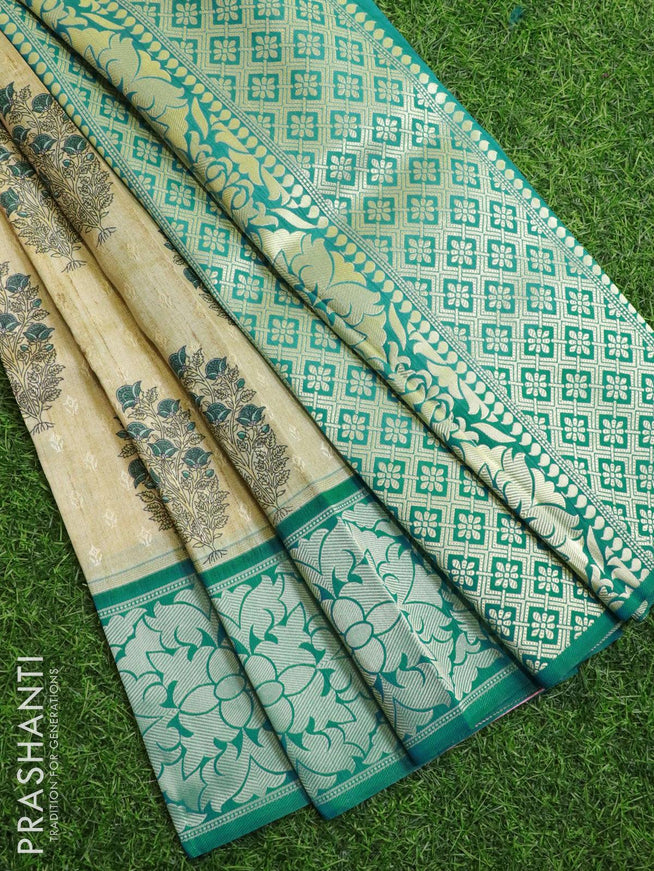 Malai silk saree beige and blue shade with allover self emboss floral butta prints and floral zari woven border - {{ collection.title }} by Prashanti Sarees