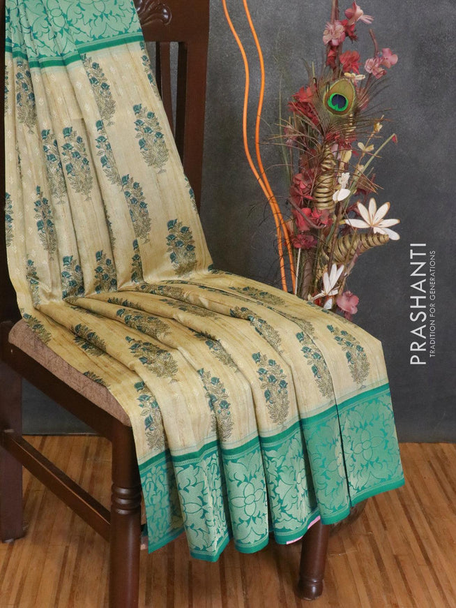 Malai silk saree beige and blue shade with allover self emboss floral butta prints and floral zari woven border - {{ collection.title }} by Prashanti Sarees
