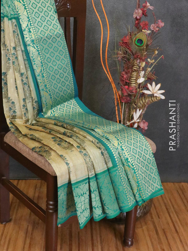 Malai silk saree beige and blue shade with allover self emboss floral butta prints and floral zari woven border - {{ collection.title }} by Prashanti Sarees