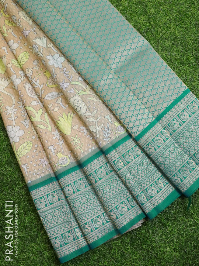 Malai silk saree beige and blue with allover self emboss floral prints and zari woven border - {{ collection.title }} by Prashanti Sarees