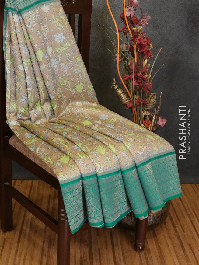 Malai silk saree beige and blue with allover self emboss floral prints and zari woven border - {{ collection.title }} by Prashanti Sarees