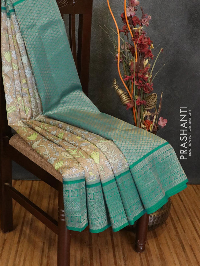 Malai silk saree beige and blue with allover self emboss floral prints and zari woven border - {{ collection.title }} by Prashanti Sarees