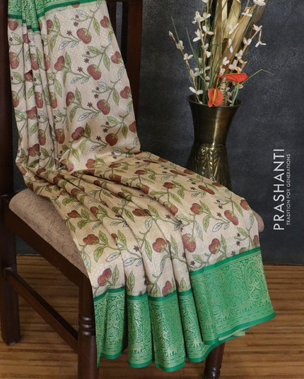 Malai silk saree beige and green with allover self emboss floral prints and zari woven border - {{ collection.title }} by Prashanti Sarees