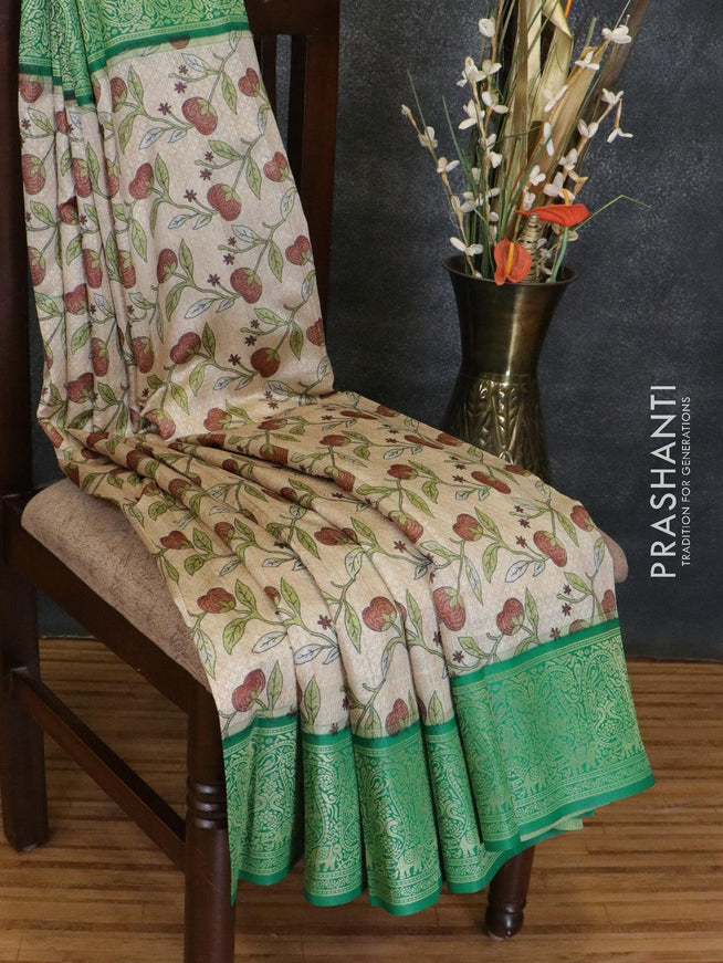 Malai silk saree beige and green with allover self emboss floral prints and zari woven border - {{ collection.title }} by Prashanti Sarees