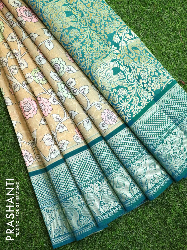 Malai silk saree beige and teal blue with allover self emboss floral prints and zari woven border - {{ collection.title }} by Prashanti Sarees