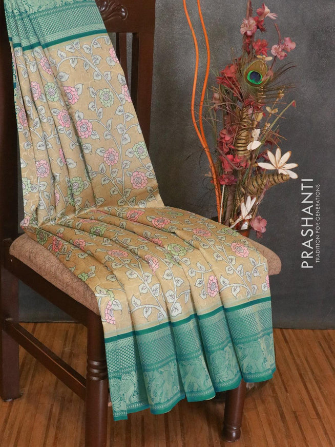 Malai silk saree beige and teal blue with allover self emboss floral prints and zari woven border - {{ collection.title }} by Prashanti Sarees