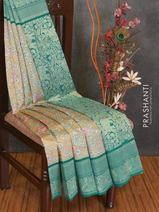 Malai silk saree beige and teal blue with allover self emboss floral prints and zari woven border - {{ collection.title }} by Prashanti Sarees