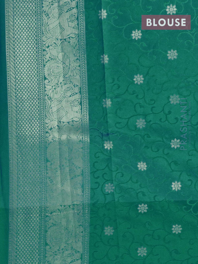 Malai silk saree beige and teal blue with allover self emboss floral prints and zari woven border - {{ collection.title }} by Prashanti Sarees