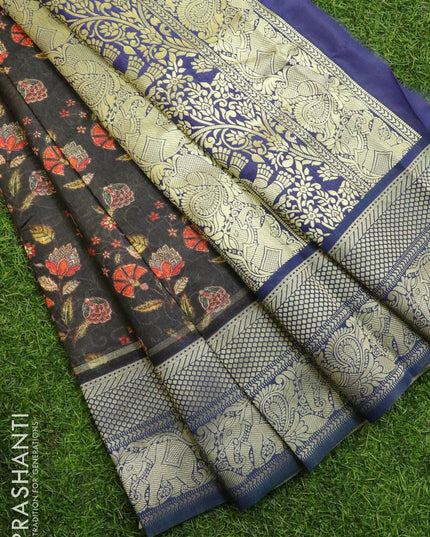 Malai silk saree black and blue with allover self emboss & floral prints and zari woven border - {{ collection.title }} by Prashanti Sarees