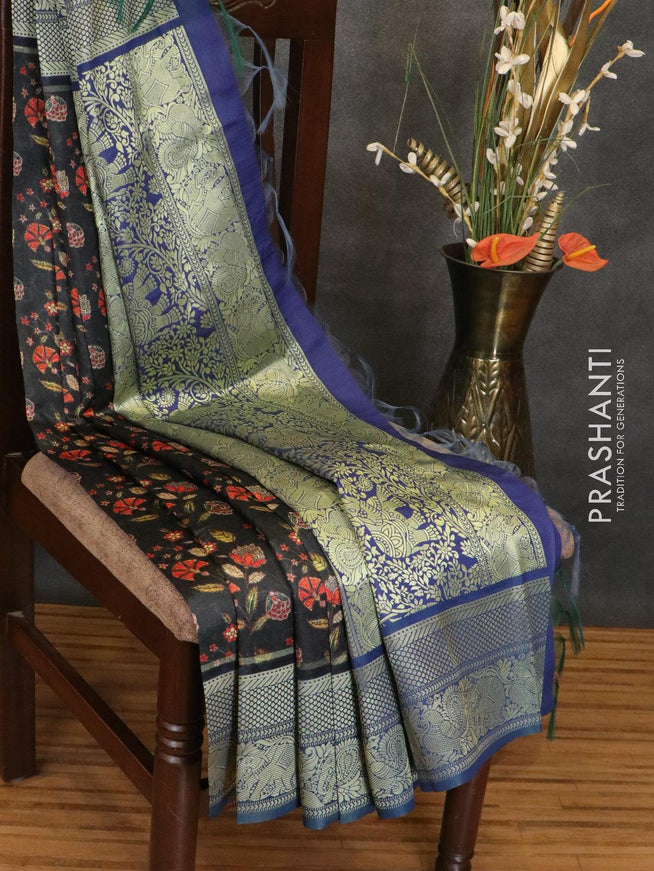 Malai silk saree black and blue with allover self emboss & floral prints and zari woven border - {{ collection.title }} by Prashanti Sarees