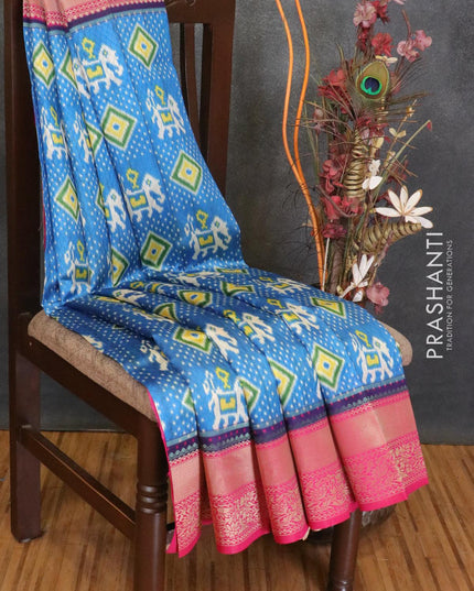 Malai silk saree blue and pink with allover self emboss ikat prints and zari woven border - {{ collection.title }} by Prashanti Sarees