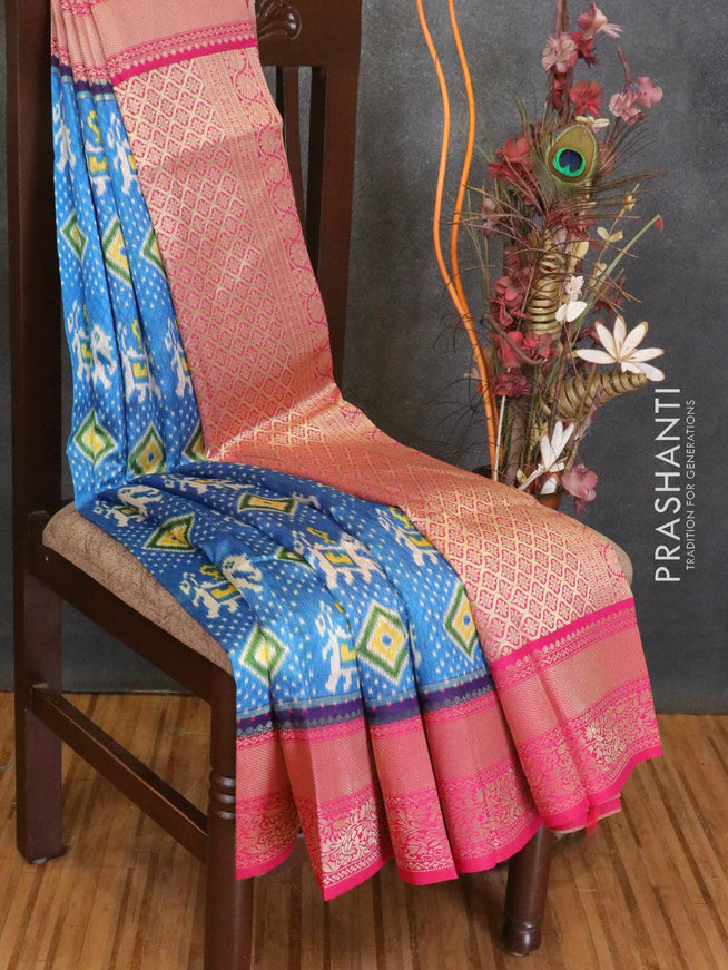 Malai silk saree blue and pink with allover self emboss ikat prints and zari woven border - {{ collection.title }} by Prashanti Sarees