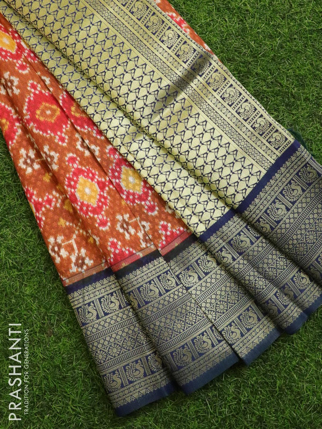 Malai silk saree brown and blue with allover self emboss & prints and zari woven border - {{ collection.title }} by Prashanti Sarees