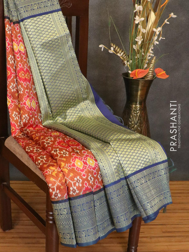 Malai silk saree brown and blue with allover self emboss & prints and zari woven border - {{ collection.title }} by Prashanti Sarees
