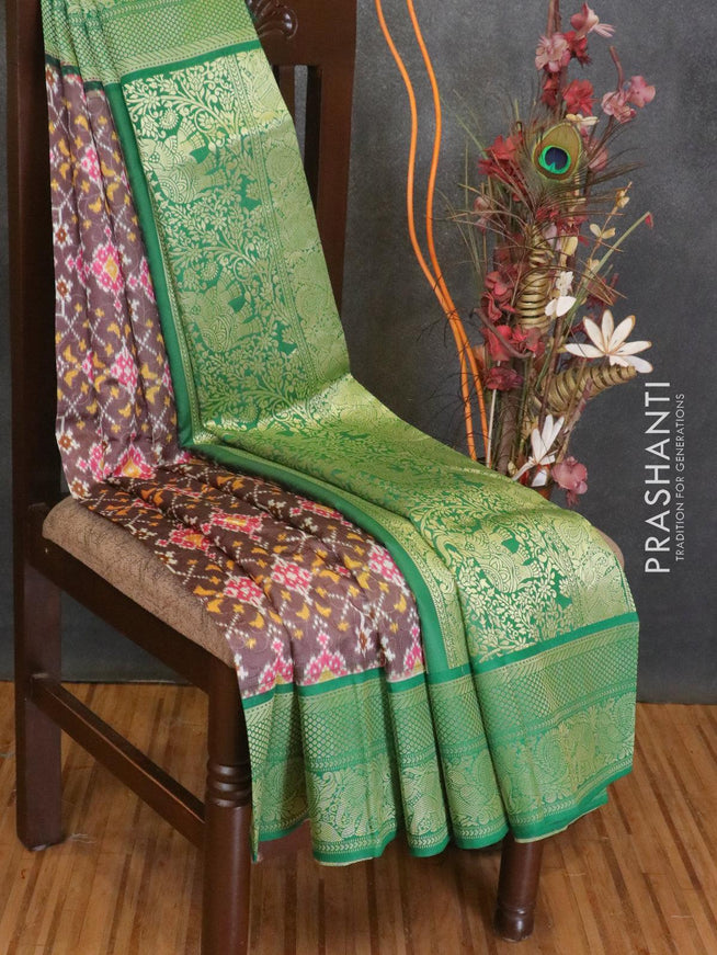 Malai silk saree brown and green with allover self emboss ikat prints and zari woven border - {{ collection.title }} by Prashanti Sarees