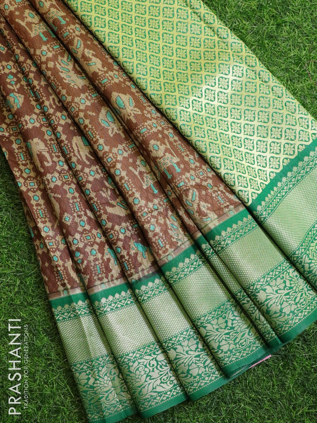 Malai silk saree brown and green with allover self emboss prints and zari woven floral border - {{ collection.title }} by Prashanti Sarees