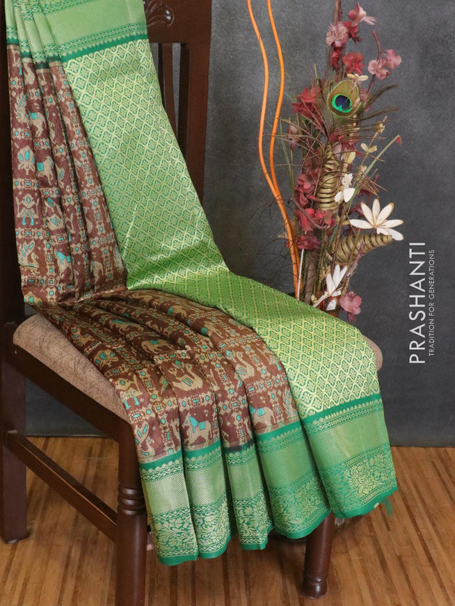 Malai silk saree brown and green with allover self emboss prints and zari woven floral border - {{ collection.title }} by Prashanti Sarees