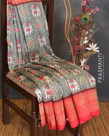 Malai silk saree brown shade and red with allover self emboss ikat prints and zari woven border - {{ collection.title }} by Prashanti Sarees