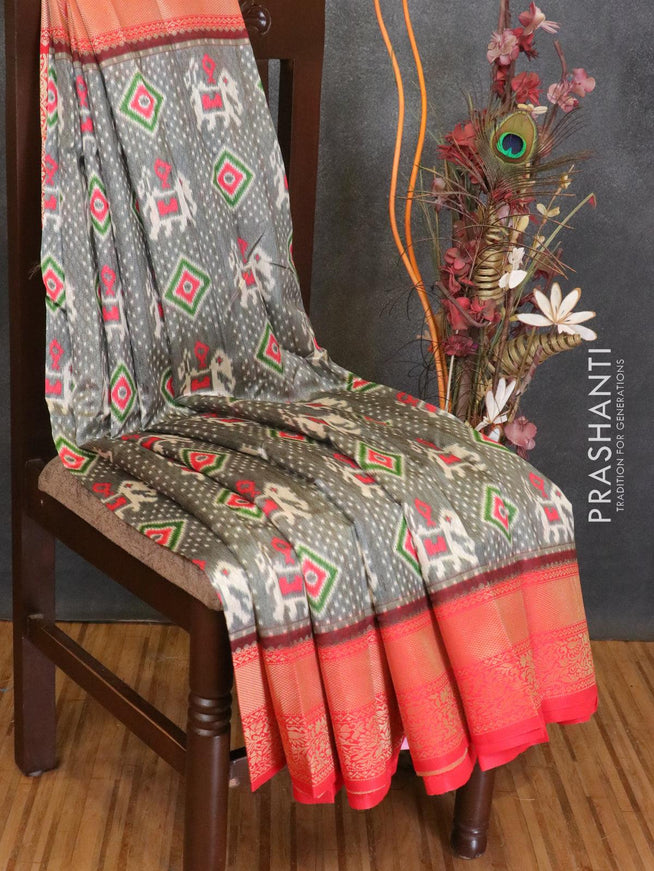 Malai silk saree brown shade and red with allover self emboss ikat prints and zari woven border - {{ collection.title }} by Prashanti Sarees