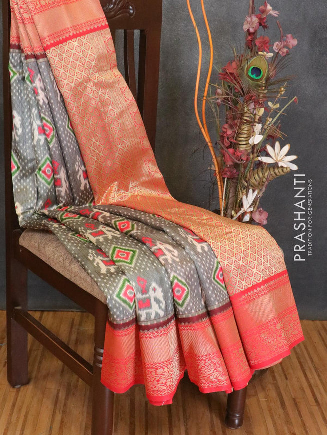 Malai silk saree brown shade and red with allover self emboss ikat prints and zari woven border - {{ collection.title }} by Prashanti Sarees