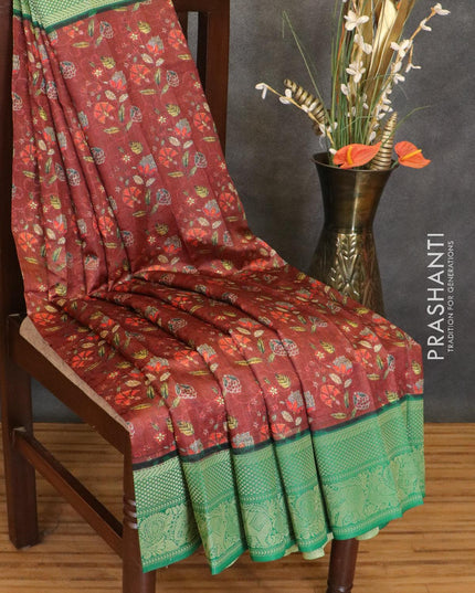 Malai silk saree dark brown and green with allover self emboss & floral prints and zari woven border - {{ collection.title }} by Prashanti Sarees