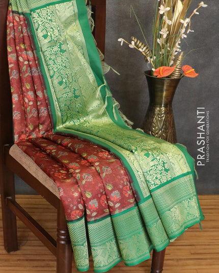 Malai silk saree dark brown and green with allover self emboss & floral prints and zari woven border - {{ collection.title }} by Prashanti Sarees