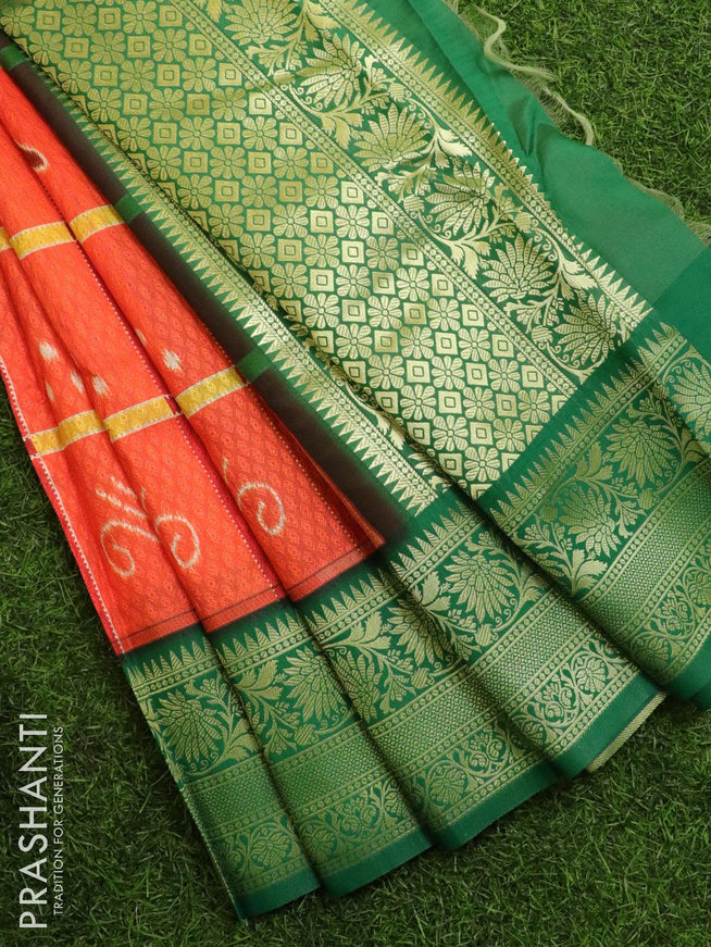 Malai silk saree dark orange and green with allover self emboss & prints and zari woven border - {{ collection.title }} by Prashanti Sarees