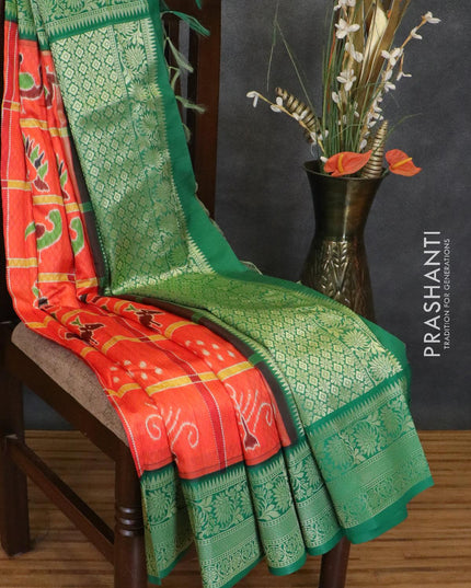 Malai silk saree dark orange and green with allover self emboss & prints and zari woven border - {{ collection.title }} by Prashanti Sarees
