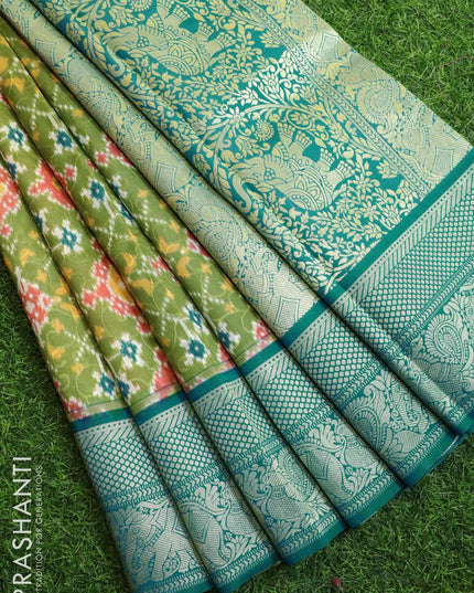 Malai silk saree green and blue shade with allover self emboss ikat prints and zari woven border - {{ collection.title }} by Prashanti Sarees
